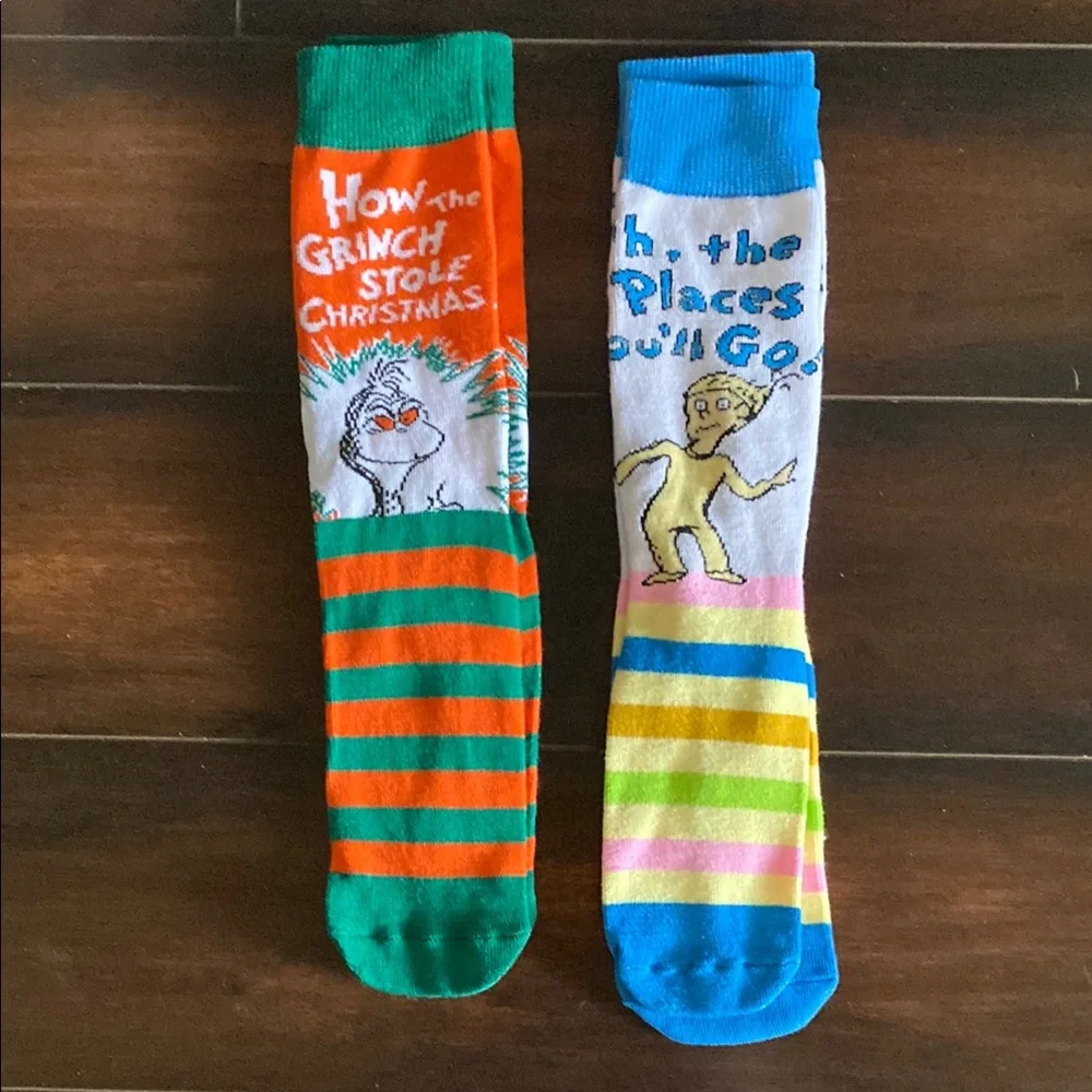 Dr. Seuss Themed Colorful Socks Set Oh the Places You'll Go, The Grinch